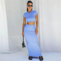 BUNO-Conjunto de dos piezas de verano para mujer, color sólido, manga corta, color sólido, tops cortos y falda larga - details 11