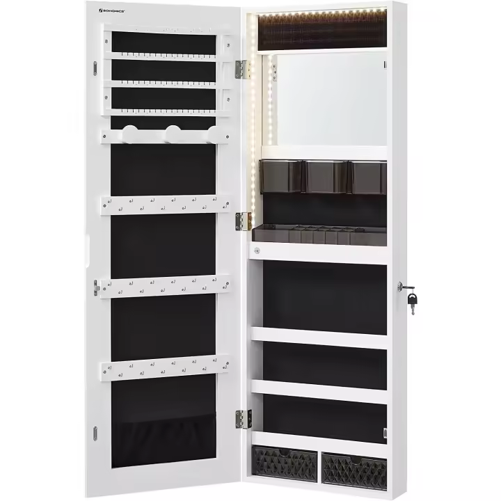 Organizador de Luces LED Armario de Almacenamiento con Espejo sin Marco y Integrado en el Maquillaje 2 Cajones, Bloqueable, Blanco JJC013W01 - 1