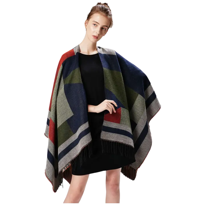 Nueva bufanda de viaje tipo abrigo con aire acondicionado para mujer con tachuelas geométricas de jacquard, combinando en contraste y color dividido - 1