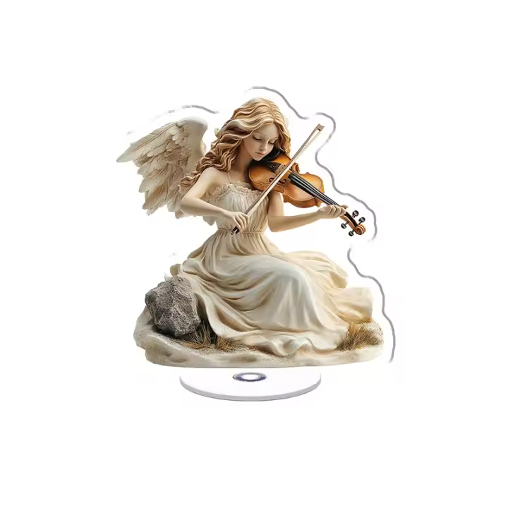 La pantalla acrílica giratoria presenta un ángel del desierto con alas descoloridas por el sol tocando un violín de piedra arenisca con detalles ultrarrealistas sobre un fondo blanco puro. - 1