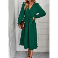 Vestido elegante de color sólido con cuello en V para mujer de manga larga - details 3
