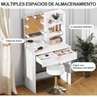 Tocador con Taburete, Tocador Maquillaje con Espejo y Luz, Mesa Tocador con Cajón Grande y 2 Estantes, Espejo, 10 Bombillas LED, Tocador Moderno para Dormitorio, Blanco, 75x40x136 cm, MB6113ws - details 3