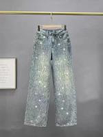 Jeans con Diamantes para Mujer Pantalones Holgados de Cintura Alta con Diamantes de Imitación Azules Ropa de Calle a la Moda - details 2