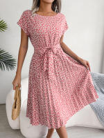 Spring Summer Women Short Sleeve Pleated Long Dress Elegant High Waist Floral Fashion A-line Dress - details 22