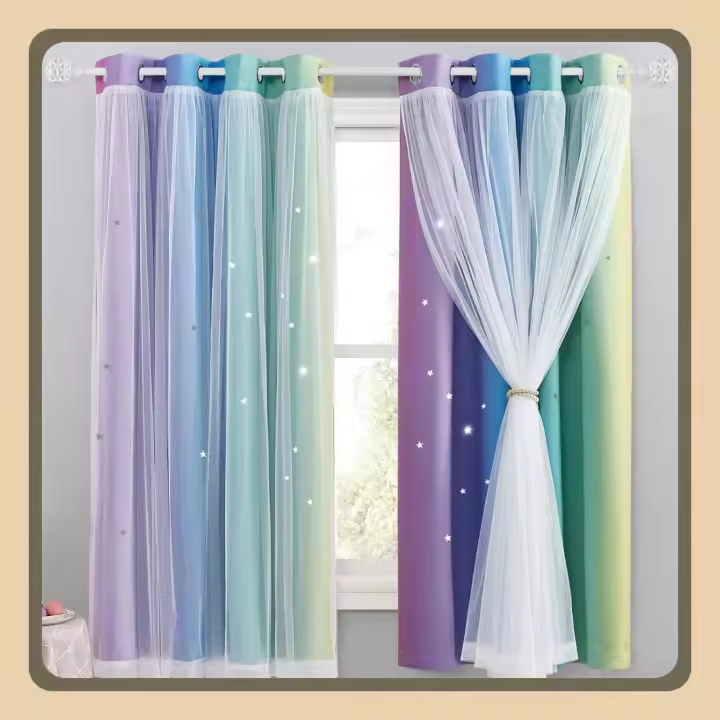 Cortinas Infantiles Opaqueras Térmicas Aislantes de Frío y Calor Cortinas de Ventanas Cortas Dobles con Estrellas Huecas y Gasa de Red 2 Piezas, 132x160 cm, Arco Iris Oscuro - 1