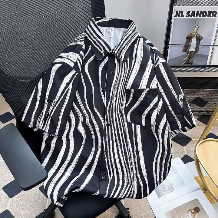 Camisa de Sedoso de Seda con Estampado Floral de Verano Manga Media, Ajuste Perfecto, Borla de Drapado, Estilo Coreano para Hombres - 1