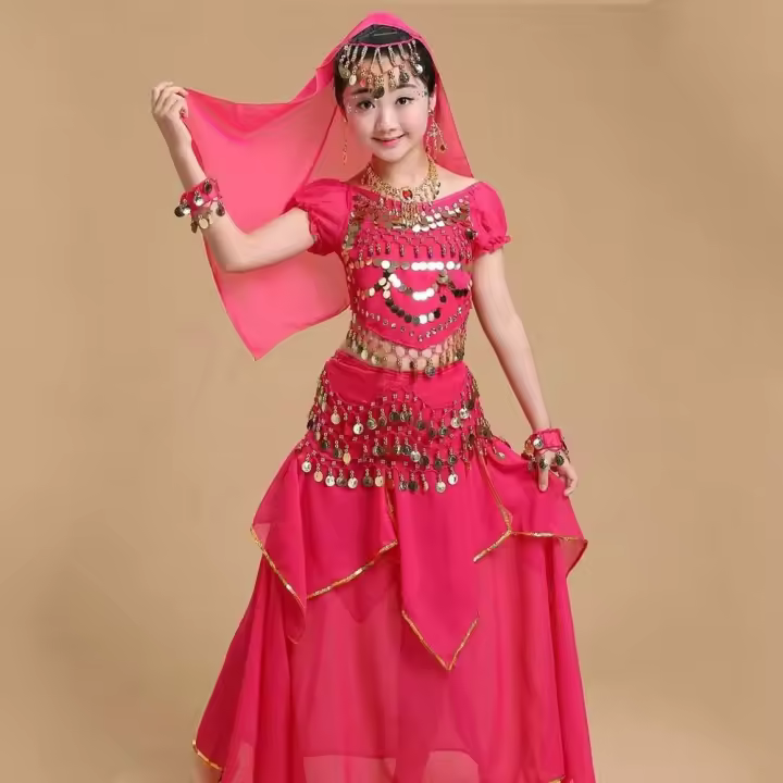 Conjunto de trajes de baile con tocado dulce, vestido de princesa, trajes coloridos de danza del vientre, regalos de ropa para niñas de la India deslumbrantes y brillantes - 1