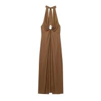 BUNO-2025 vestido MIDI de verano para mujer, vestido Vintage liso con cuello Halter sin tirantes y lazo con cordón, vestidos elegantes de lino de calle para mujer, ropa - details 1