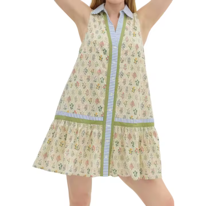 Mini vestido clásico de verano para mujer, sin mangas, con cuello vuelto, abotonado, estampado floral, vestido de playa - 1