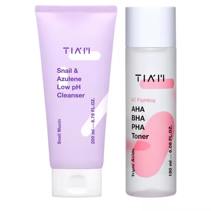 TIAM Comfort Balance Duo: Limpiador de pH bajo de caracol y azuleno con tónico AC Fighting AHA BHA PHA - 1