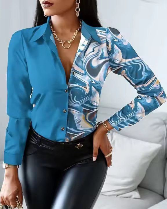 Camisa abotonada de manga larga con cuello en V para mujer, estampado de cadenas, estilo vintage, talla grande - 1