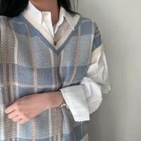 Chaleco de Cuadros Vintage Cuello en V, Ajuste Suelto, Moda Coreana de Punto para Mujer Otoño-Invierno - details 3