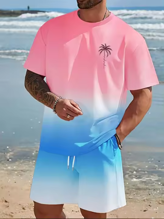 Conjunto Casual de Verano para Hombre Pantalones Cortos de Playa con Estampado Desvanecido - 1