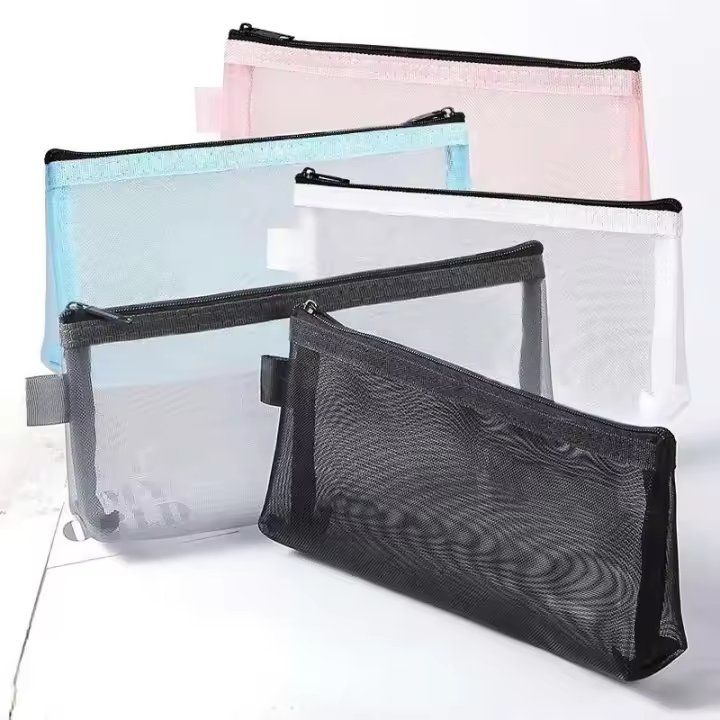 Gris negro maquillaje malla grande transparente bolsas para brochas cosméticas estudiantes Color sólido cremallera estuche de lápices de nailon - 1