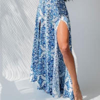 2025 nueva ropa de mujer europea y americana liguero estampado con cuello en V vestido sexy dividido para mujer - details 4