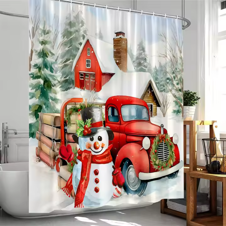 Cortina de ducha navideña de muñeco de nieve, árbol de pino para vacaciones de invierno, regalos de Feliz Navidad, decoración para el baño, tela de cortina de baño de poliéster - 1
