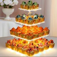 Cupcake acrílico de 3/4 niveles con soporte de exhibición cuadrado de luz LED, plato multifuncional para servir pasteles para celebración - details 5