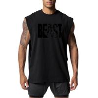 Camiseta sin mangas de gran tamaño con corte lateral abierto para hombre, ropa de culturismo de secado rápido con estampado de l - details 1
