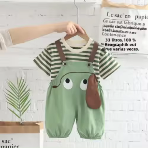 Conjunto de ropa infantil de verano para bebé con camiseta a rayas y pantalones cortos de algodón y poliéster estilo casual para niños - 1