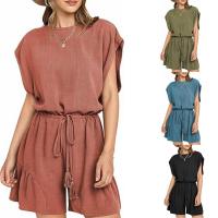 Verano nuevo mono de algodón y lino mono suelto de manga corta con cintura casual Mono de lino informal de verano para mujer Cuello redondo Espalda abierta Mono corto con volantes y cordón - details 1