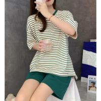 Conjunto De Pijamas Para Mujer Talla Grande Con Almohadilla Verano Estilo Coreano Moda Holgada Y Casual Verde Estampado Rayado Homewear - details 6