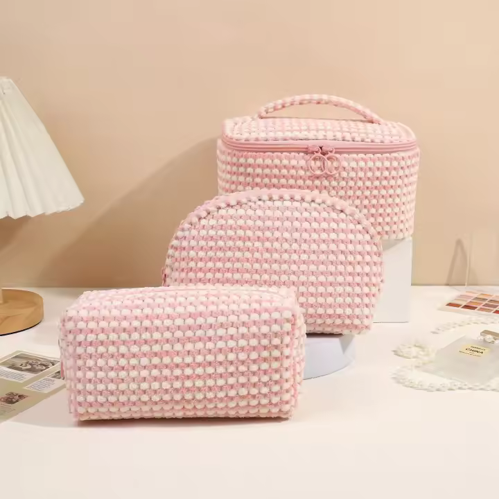 Set de Bolsa de Maquillaje de Corduroy de Gran Capacidad Color Sólido Ideal para Viajes - 1