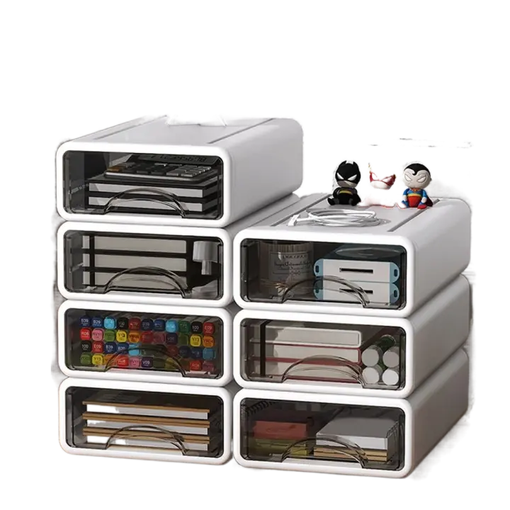 Cajones de almacenamiento de plástico, cajón grande antideslizante para escritorio, papelería, armario blanco apilable para documentos y artículos diversos, 2 uds. - 1