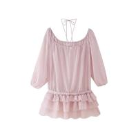 Minivestido de mujer, cuello en U, tirantes finos, estampado de flores en 3D, manga larga, cintura media, color sólido, plisado, con volantes, - details 4