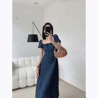 Nuevo temperamento, vestido largo azul para ir al trabajo, moda de verano con cintura, descanso para el café, vestido fino con cuello cuadrado francés para mujer - details 2