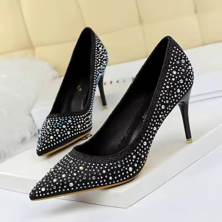 9219-A22K Zapatos planos de banquete sexis con diamantes de agua puntiagudos para boda a la moda, tacones altos de aguja de verano - 1