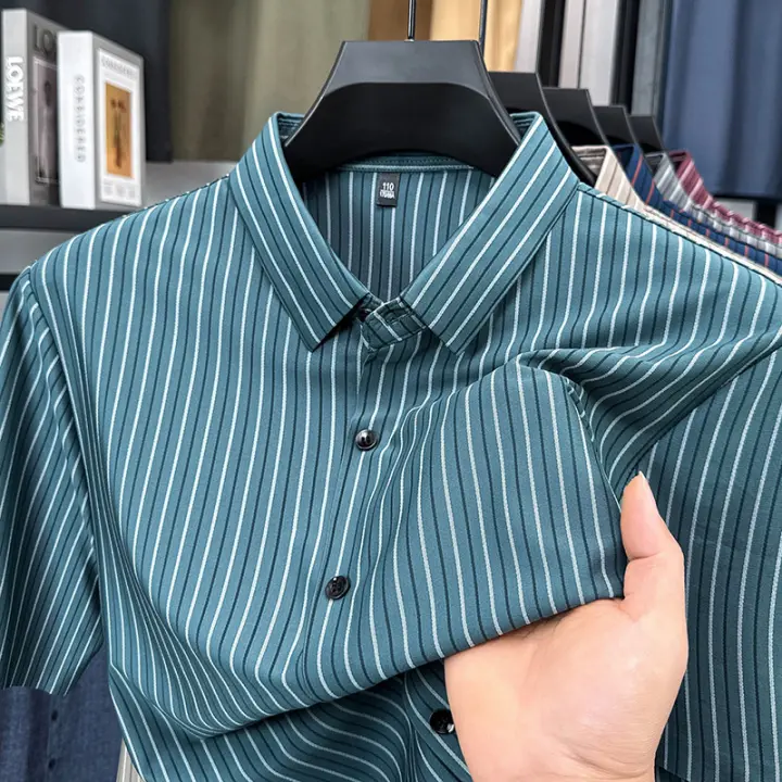 Camisas para Hombres con Rayas Verticales Sin Costuras Sensación de Alta Gama, Vestuario Formaal Casual, Manga Corta, Moda para Hombres - 1