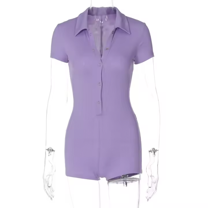Primavera nueva moda estilo deportivo de manga corta con hebilla de solapa ajustada pantalones cortos de una pieza - 1