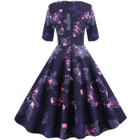 Women floral print casual half sleeve elegant vintage party dress - details 13