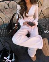 Conjunto de 2 piezas de pantalón superior para mujer, Top elegante con cuello en V y manga larga, pantalones con cintura elástica con cordones, trajes para mujer 2025 - details 20