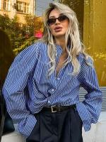 Camisa de mujer blusa a rayas abotonada azul primavera y otoño suelta estilo coreano venta de nuevos Tops femeninos 2024 - details 2