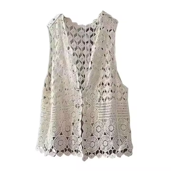 Cárdigan sin mangas de ganchillo elegante para mujer, chaleco de punto abierto Retro para vestido de verano, abrigo suelto de Color sólido - 1