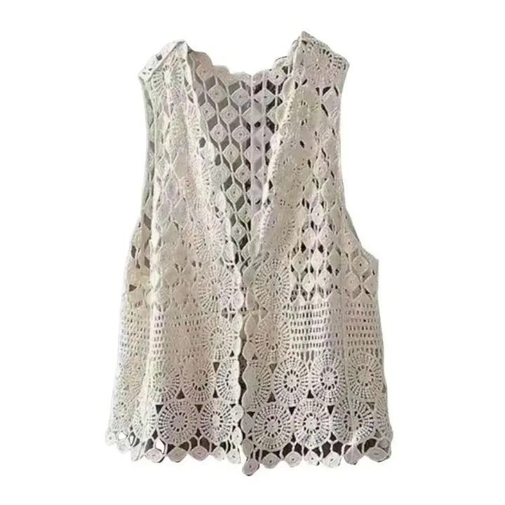 Cárdigan sin mangas de ganchillo elegante para mujer, chaleco de punto abierto Retro para vestido de verano, abrigo suelto de Color sólido - 1