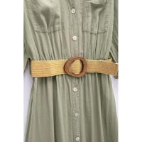 BUNO-Vestido camisero a rayas para mujer, plisado con cinturón, midi, manga con vuelta, largo para playa, verano, 2025 - details 12