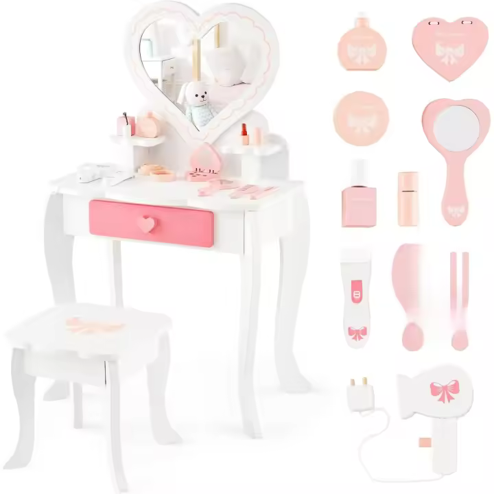 Tocador Infantil 2 en 1 Juego de Maquillajes con 10 Accesorios Taburete y Espejo en Forma de Corazón Tocador para Niños con Silla Blanco Tamaño 50 x 30 x 82 cm - 1