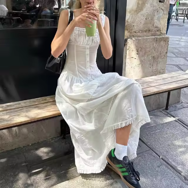 Vestido largo blanco elegante con cuello cuadrado, vestido de verano liso sin mangas, fiesta de moda francesa y playa para mujer - 1