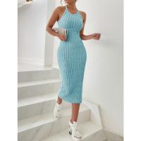 Vestido Bodycon Midi De Verano Para Mujer Cuello Halter Sólido Alta Cintura Slim Elegante Vestido De Oficina Sin Mangas Polyester - details 5