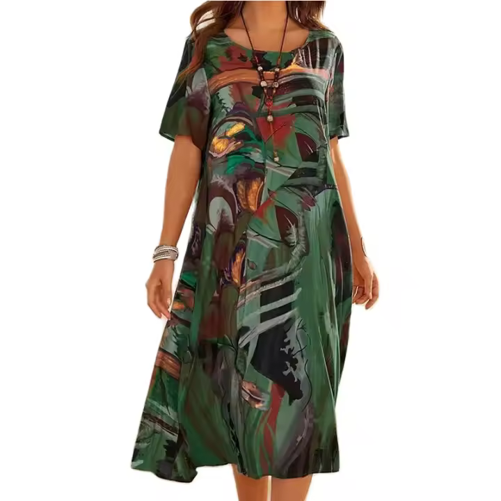 Vestidos estampados casuales de moda para mujer, mangas cortas de verano, túnica de cuello redondo, faldas largas sueltas - 1