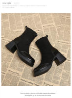 Temperamento de cuero Botas cortas francesas de tacón alto Cabeza cuadrada Tacón grueso Botas delgadas elásticas - details 16