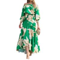 2025 Vestido elegante de cintura alta con hombros inclinados y mangas farol estampadas Ins para mujer - details 2