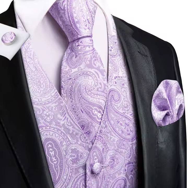 Chaleco de seda verde oscuro para hombre, vestido liso elegante, chaqueta sin mangas, 4 piezas, gemelos Hanky, traje de cachemira, chaleco, regalo de boda, corbata alta - 1