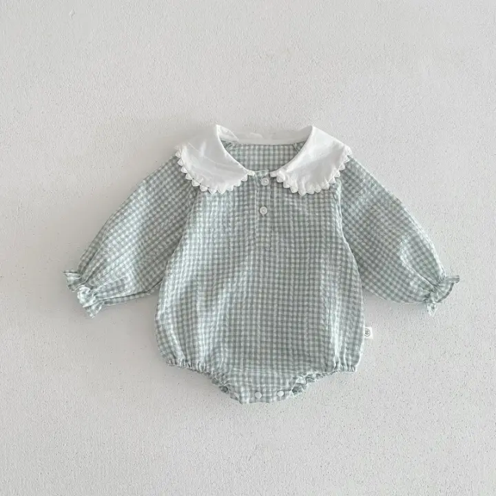 Ready Stock Mono para recién nacidos, pelele elegante a cuadros con cuello Peter Pan y cordón de manga larga para niñas de 0 a 2 años - 1