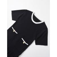 Vestido negro elegante de manga corta con cuello redondo y contraste de punto con dobladillo plisado ancho y alto para mujer - details 2