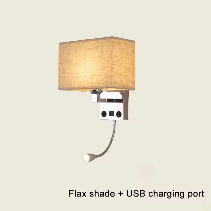 Luz de pared de sombra de tela rectangular con puerto de carga USB, 2 interruptores, iluminación de pared LED E27 con lámpara de lectura ajustable - 1