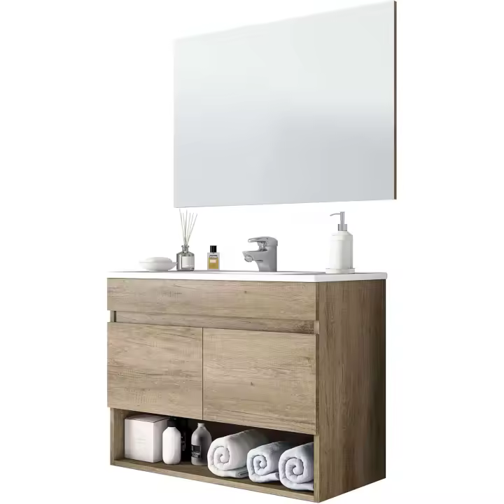 Mueble de Baño Suspendido de Algodón Diseño Nórdico 2 Puertas, Espejo Incluido - 1