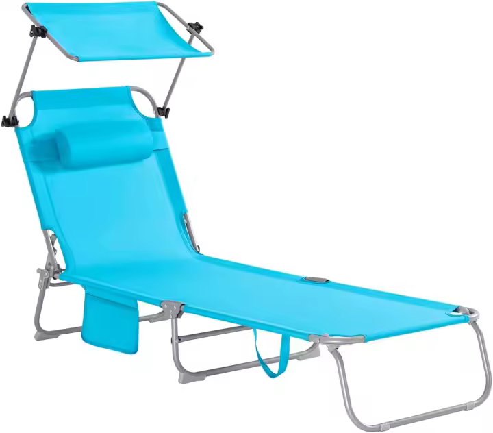 Jardín, Silla Playa con Sombrilla, Almohada y Bolsillo Lateral, Tumbona Reclinable para Patio, Camping, Playa, Negro, 155x56x81cm, OGS48-SCH - 1